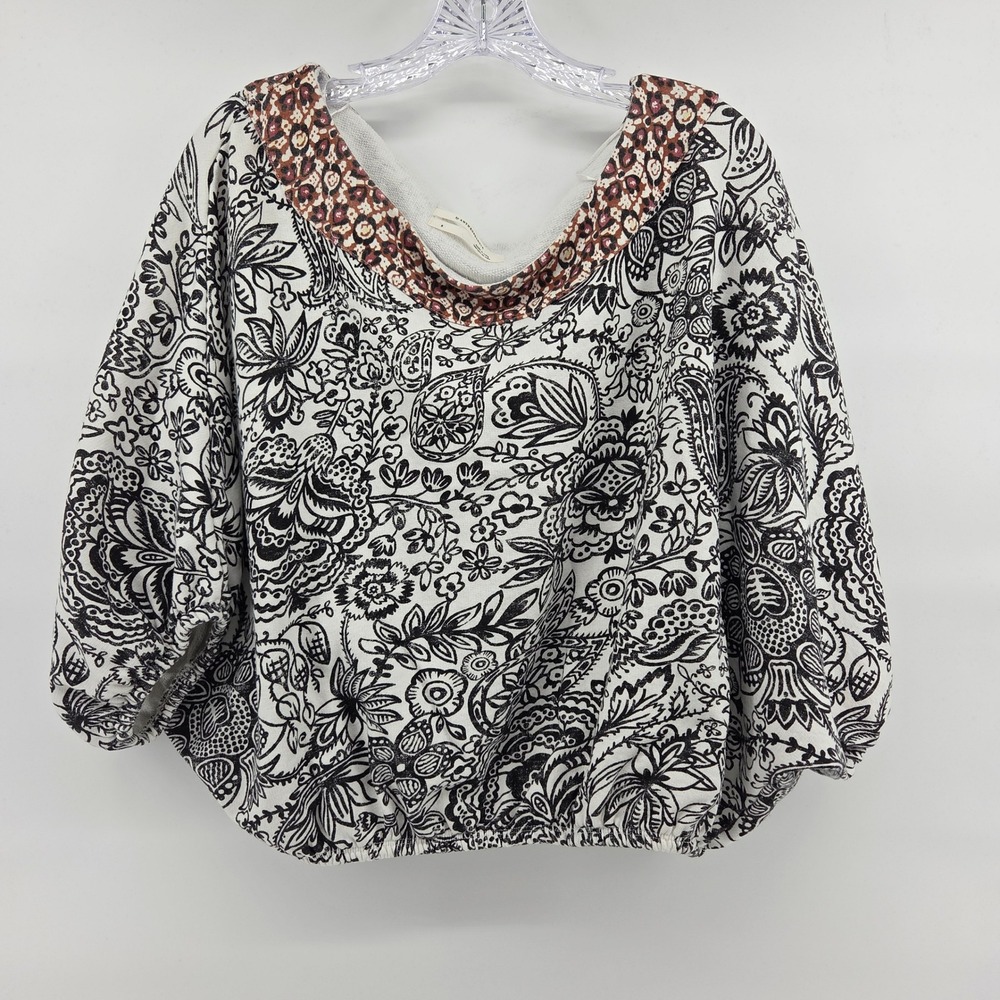 Anthropologie Paisley Floral Balloon Sleeve Top Small White Black Boho Eclectic